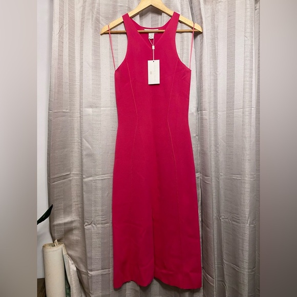 NWT Caroline Constas Knit Pink V Neck Tank Dress Midi Heavy Sheath Slit Barbie - Picture 2 of 6